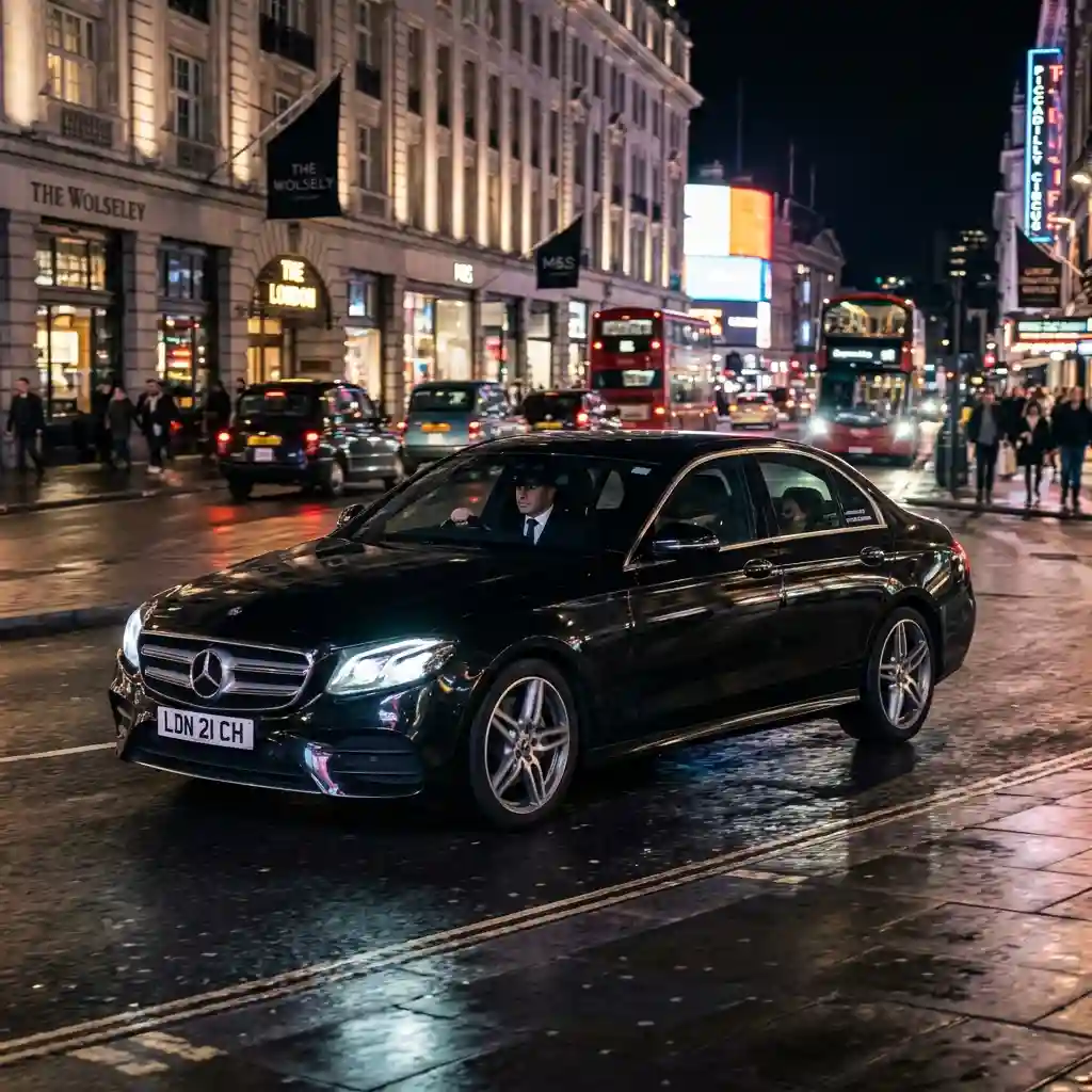Black Mercedes E-Class executive chauffeur vehicle parked outside a luxury hotel at night