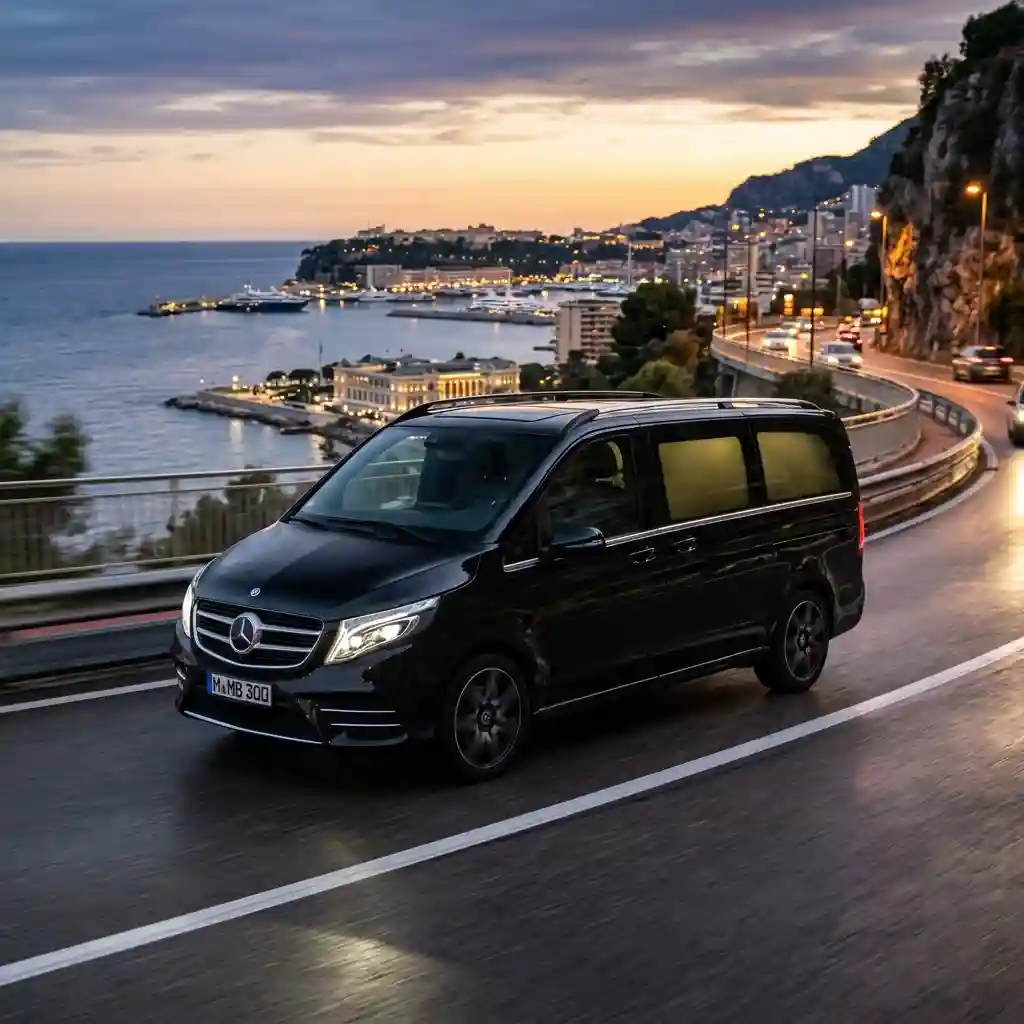 Luxury black Mercedes V-Class executive passenger van exterior, parked outside a luxury hotel at night