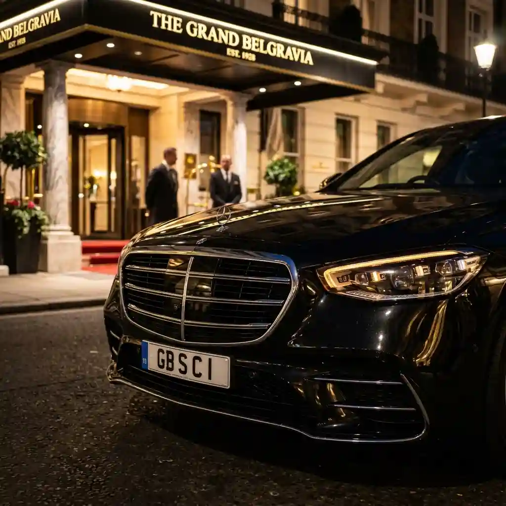 Ultra luxury large black Mercedes S-Class style sedan exterior, parked outside a luxury hotel at night