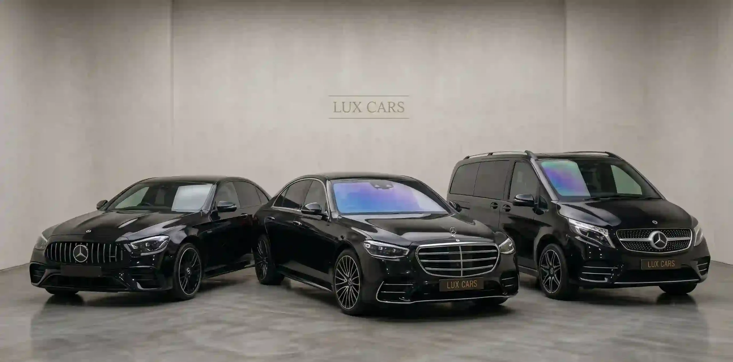 The complete Lux Cars luxury vehicle fleet including the Mercedes S-Class, V-Class, and E-Class prepared for executive chauffeur service across the UK.