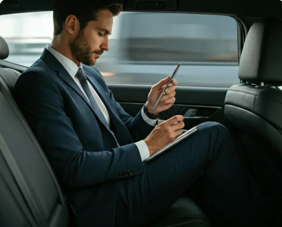 Heavily tinted privacy glass on a luxury black executive car reflecting city lights at night.